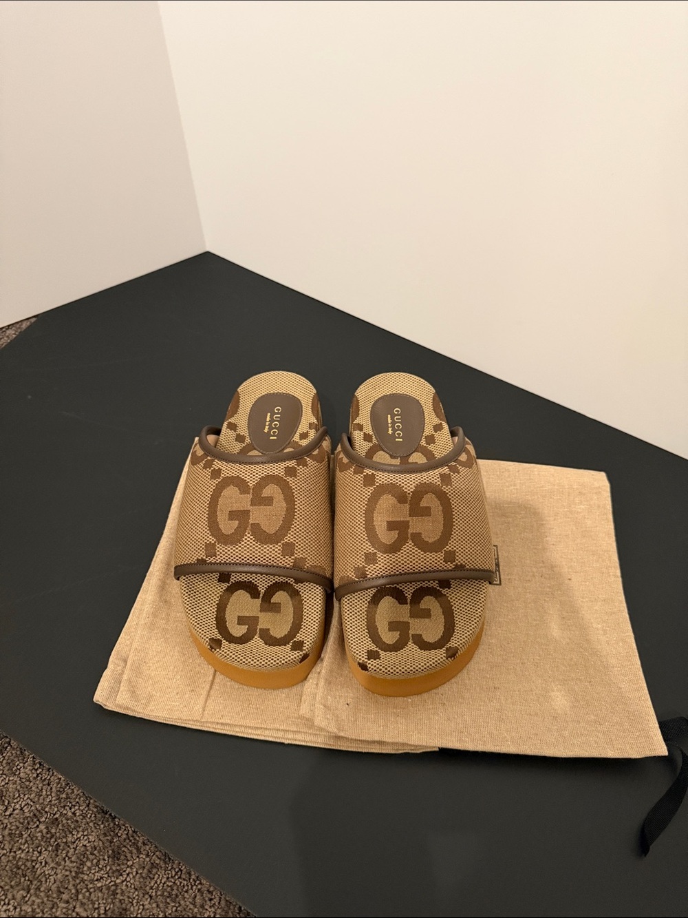 Gucci GG Canvas Slide Sandals in Tan and Brown - 35
